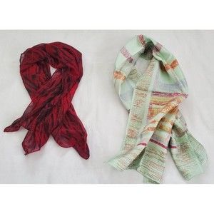 2 Vintage Scarves Rectangle Designer Collection Pure Silk Pale Green Red Black